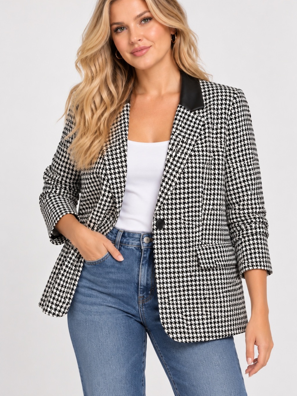 Lane Bryant The Bryant Blazer Houndstooth Faux Leather Collar Black White Size18